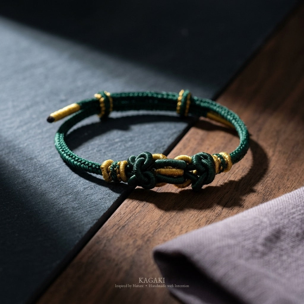 KAGAKI Palette Moss Garden multi-color adjustable braided cord lucky, studio view, lucky bracelet gift