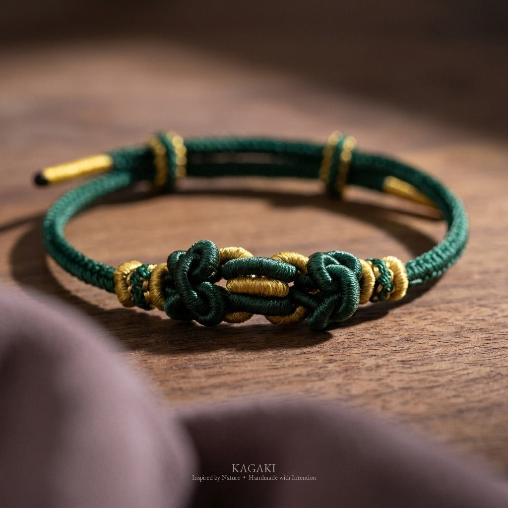 KAGAKI Palette Moss Garden multi-color adjustable braided cord lucky, studio view, lucky bracelet gift