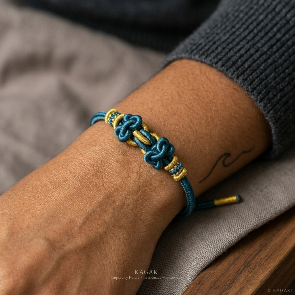 KAGAKI Palette Lagoon Calm multi-color adjustable braided cord lucky, wrist view, lucky bracelet gift