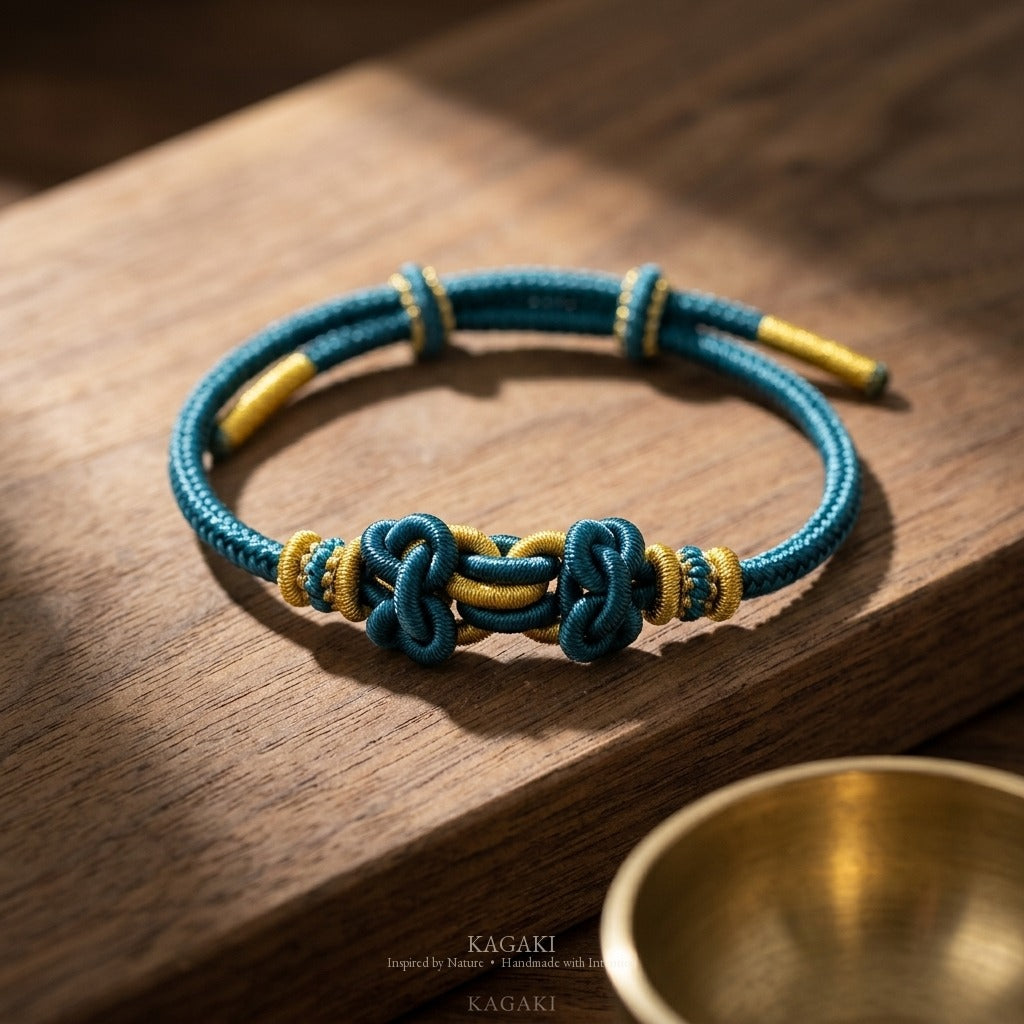 KAGAKI Palette Lagoon Calm multi-color adjustable braided cord lucky, studio view, lucky bracelet gift