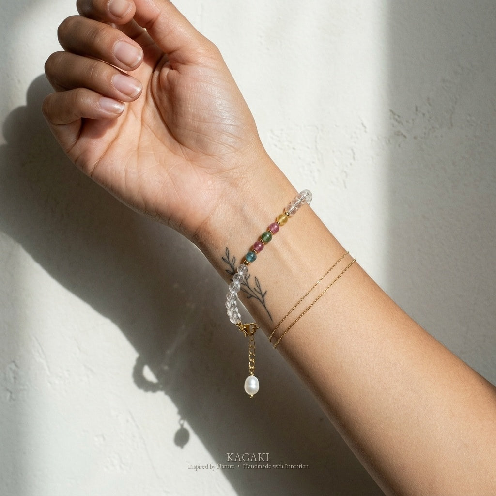 KAGAKI Arc rainbow crystal tourmaline citrine bracelet, worn view, handmade rainbow bracelet