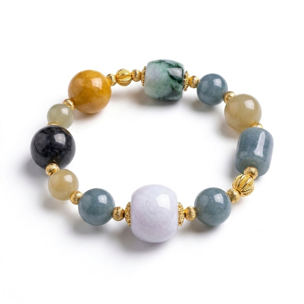 KAGAKI Medley multicolor jadeite nephrite bracelet, white background product view, handmade jadeite bracelet