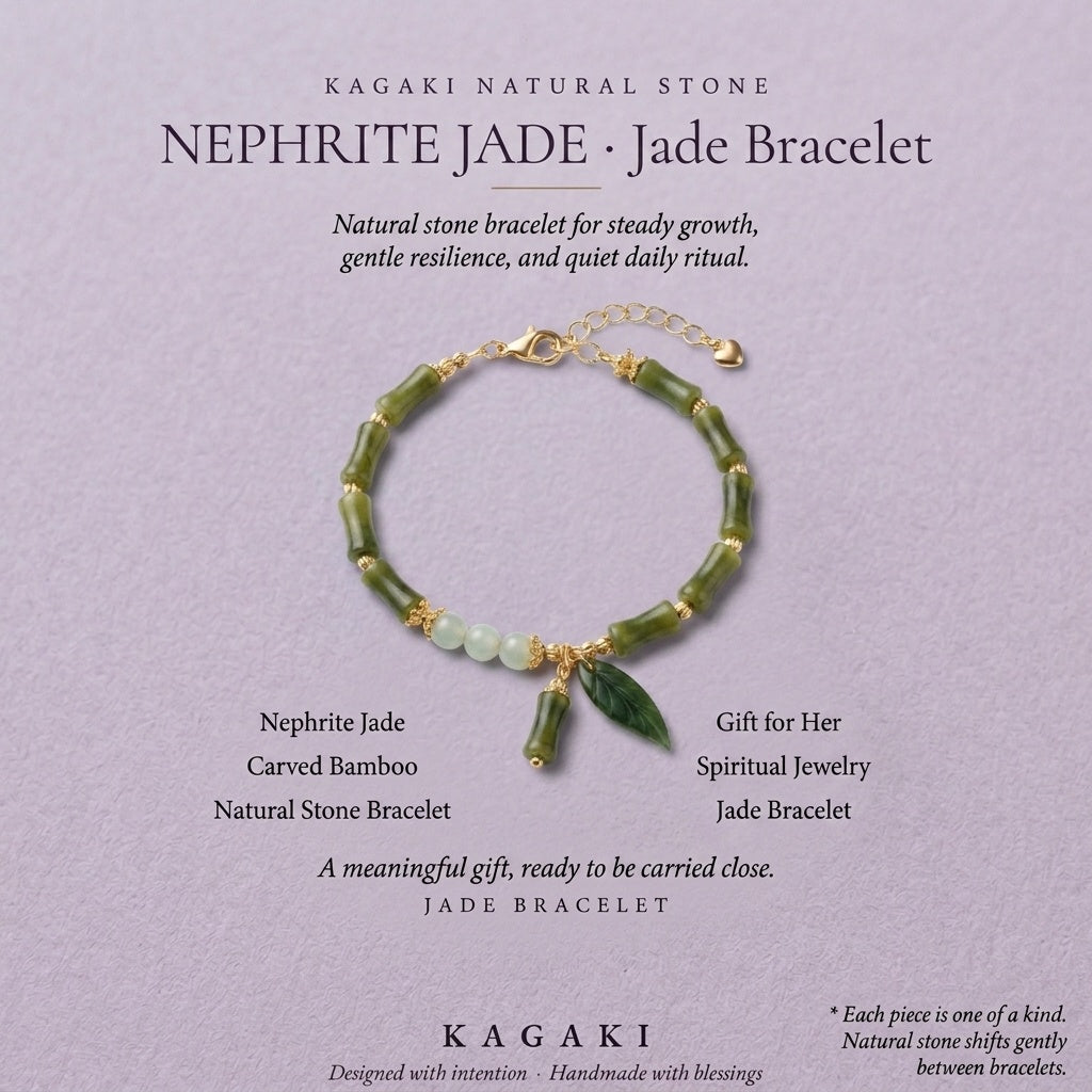 KAGAKI Node nephrite jade bamboo charm bracelet, editorial text card, handmade nephrite bracelet
