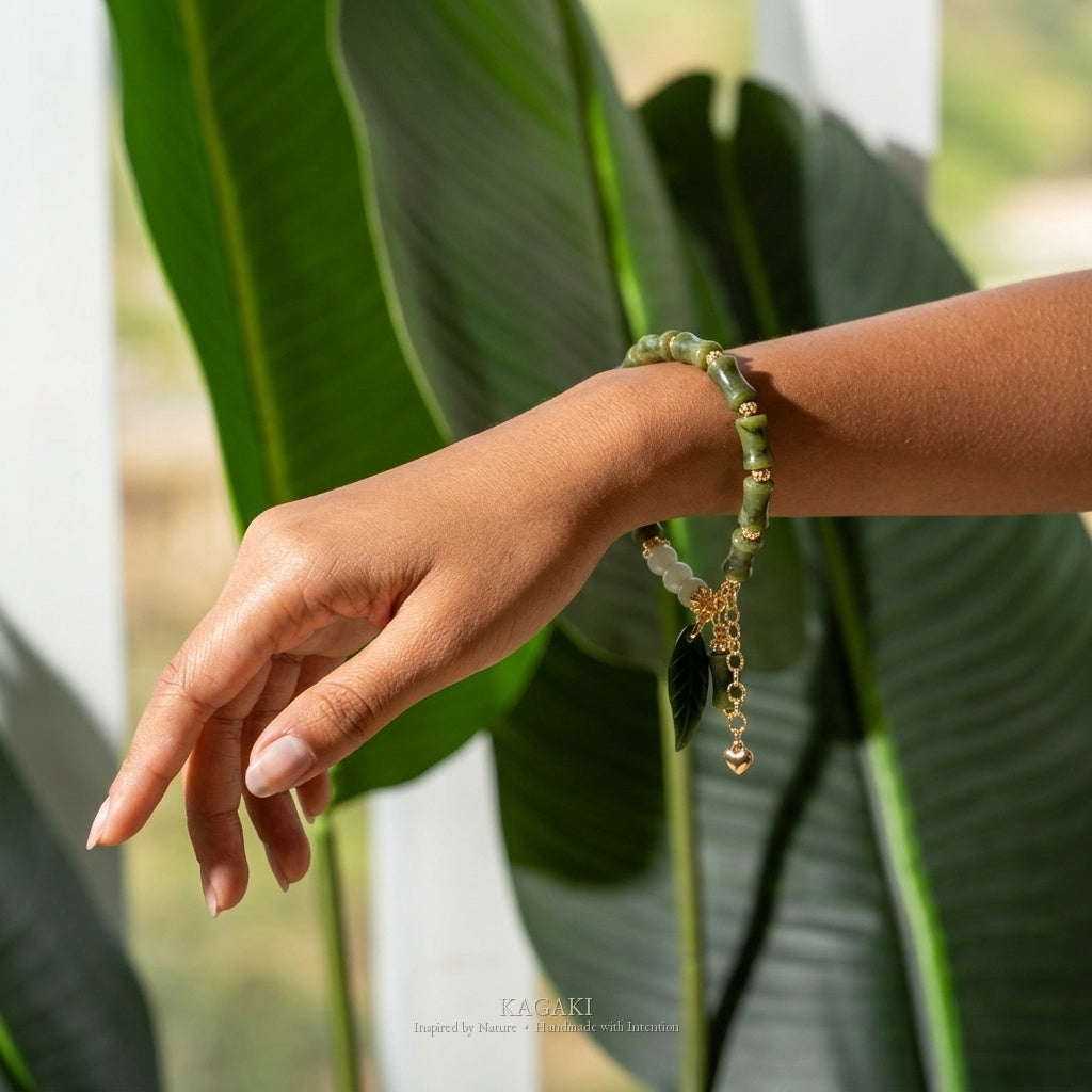 KAGAKI Node nephrite jade bamboo charm bracelet, worn view, handmade nephrite bracelet