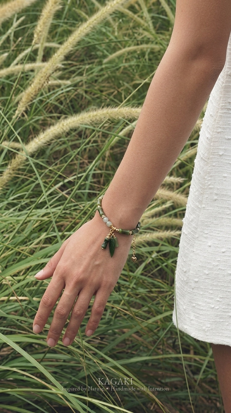 KAGAKI Node nephrite jade bamboo charm bracelet, worn view, handmade nephrite bracelet