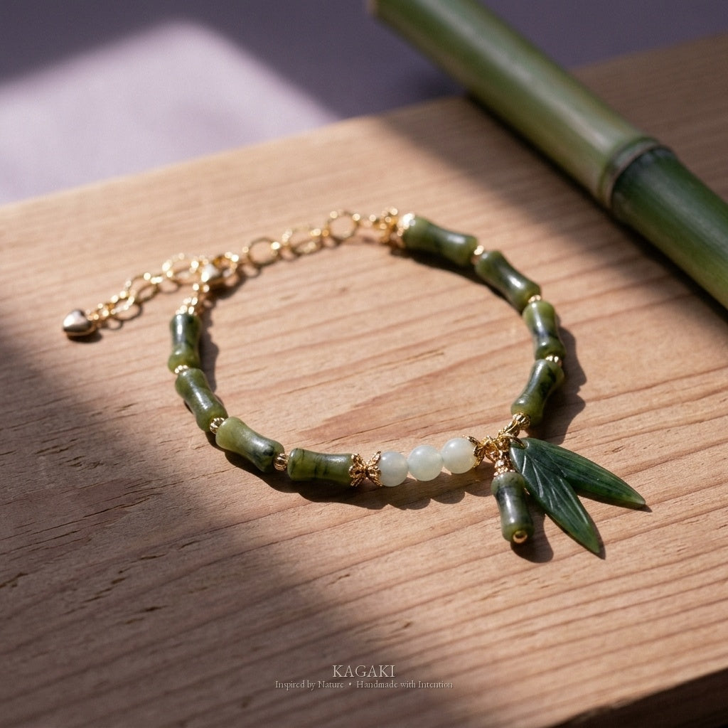 KAGAKI Node nephrite jade bamboo charm bracelet, studio styled view, handmade nephrite bracelet
