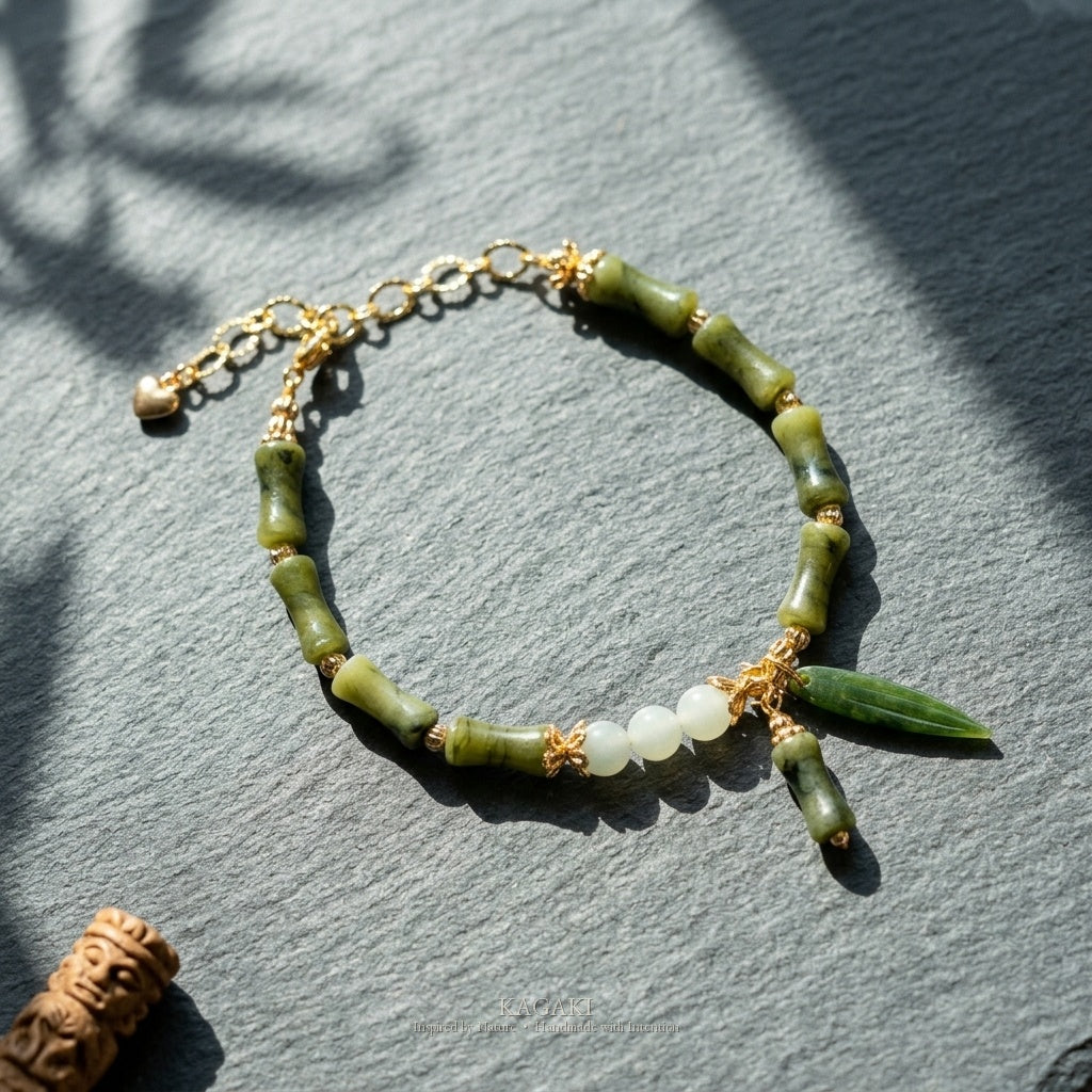 KAGAKI Node nephrite jade bamboo charm bracelet, studio styled view, handmade nephrite bracelet