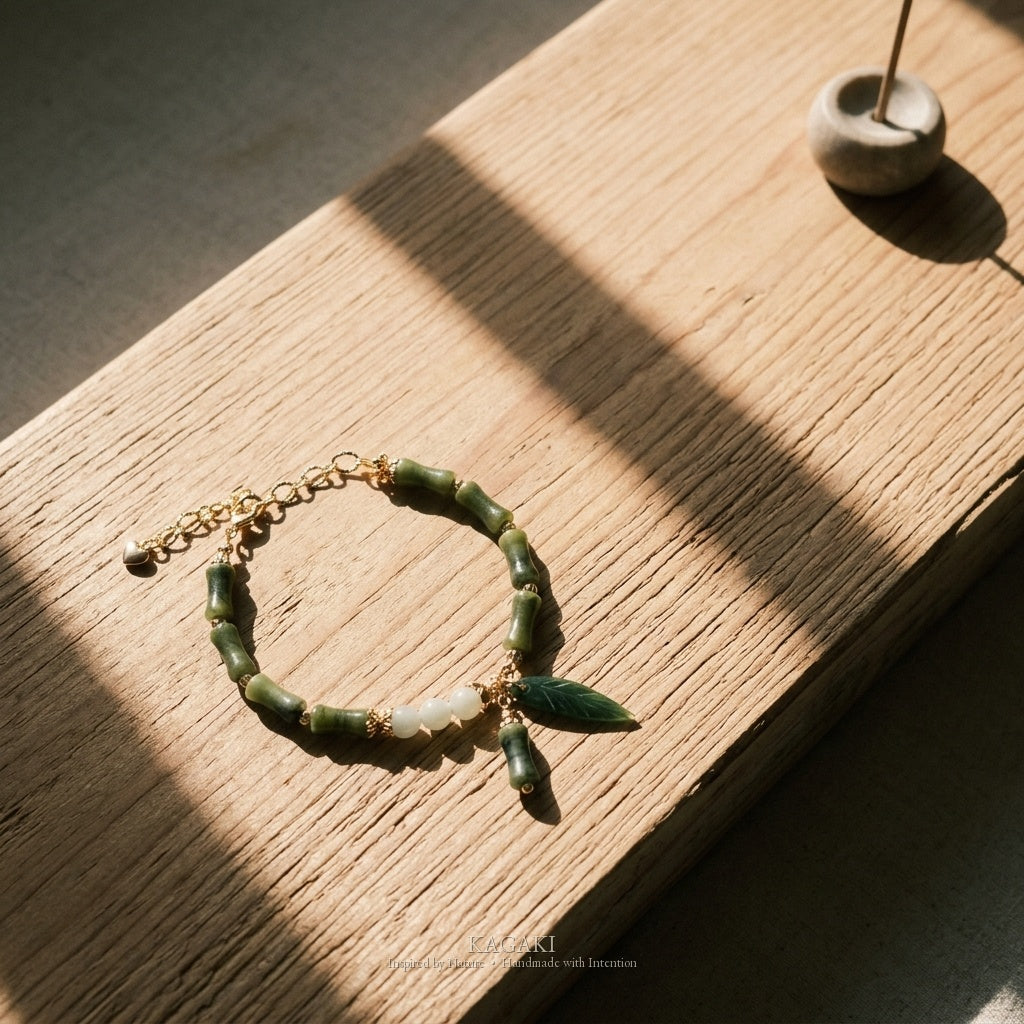 KAGAKI Node nephrite jade bamboo charm bracelet, studio styled view, handmade nephrite bracelet