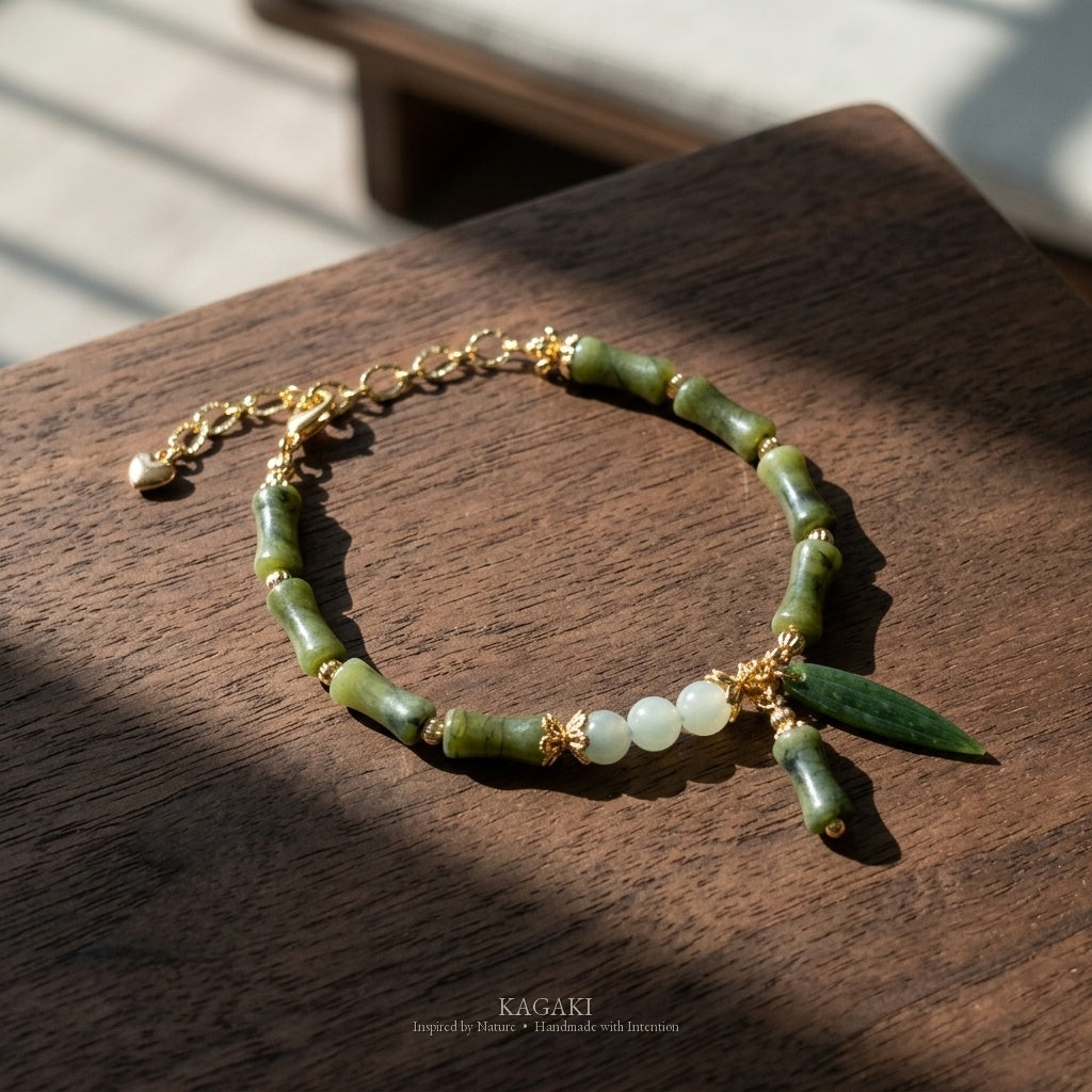 KAGAKI Node nephrite jade bamboo charm bracelet, studio styled view, handmade nephrite bracelet