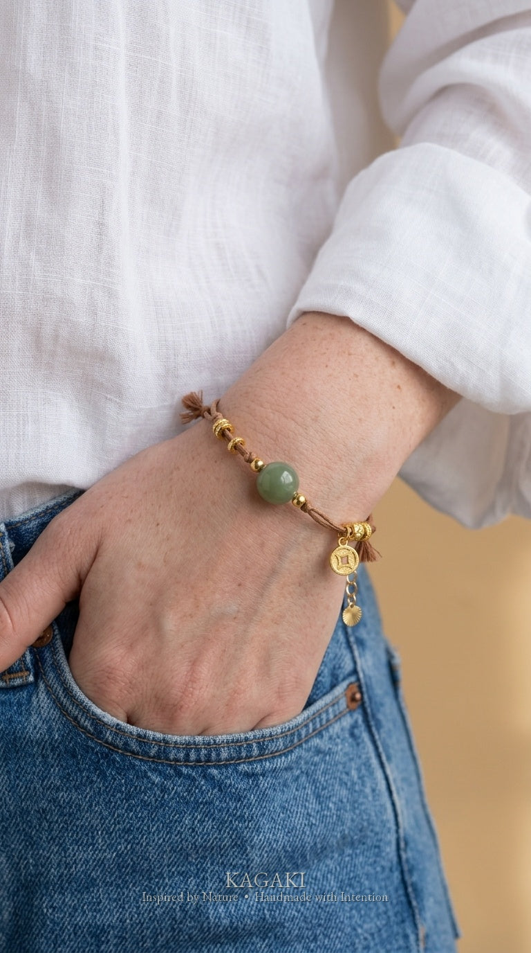 KAGAKI Fortune nephrite jade gold coin charm bracelet, product view, handmade gold coin bracelet