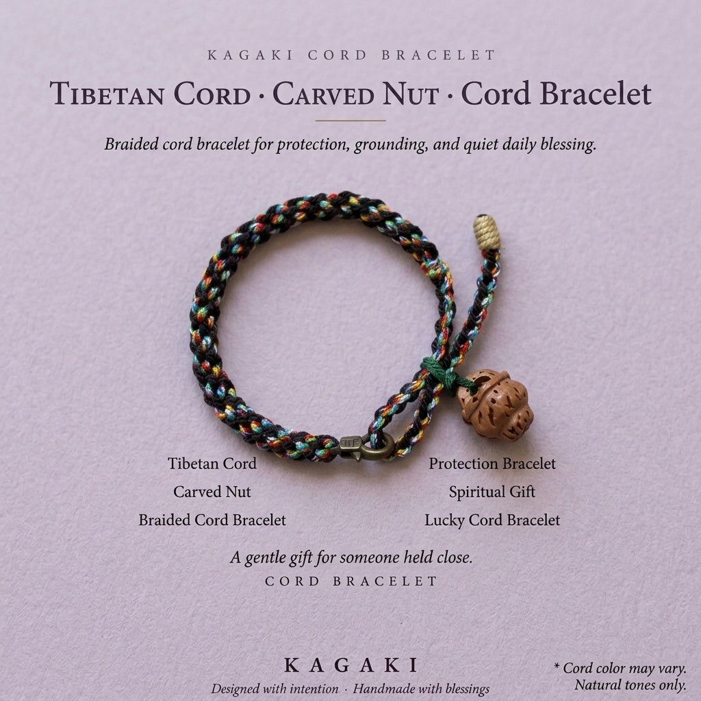 KAGAKI Coil carved wood bead double wrap bracelet, editorial text card, handmade wrap bracelet