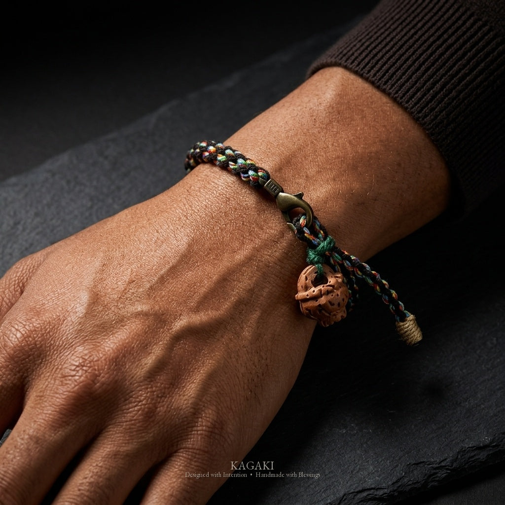 KAGAKI Coil carved wood bead double wrap bracelet, worn on wrist, handmade wrap bracelet
