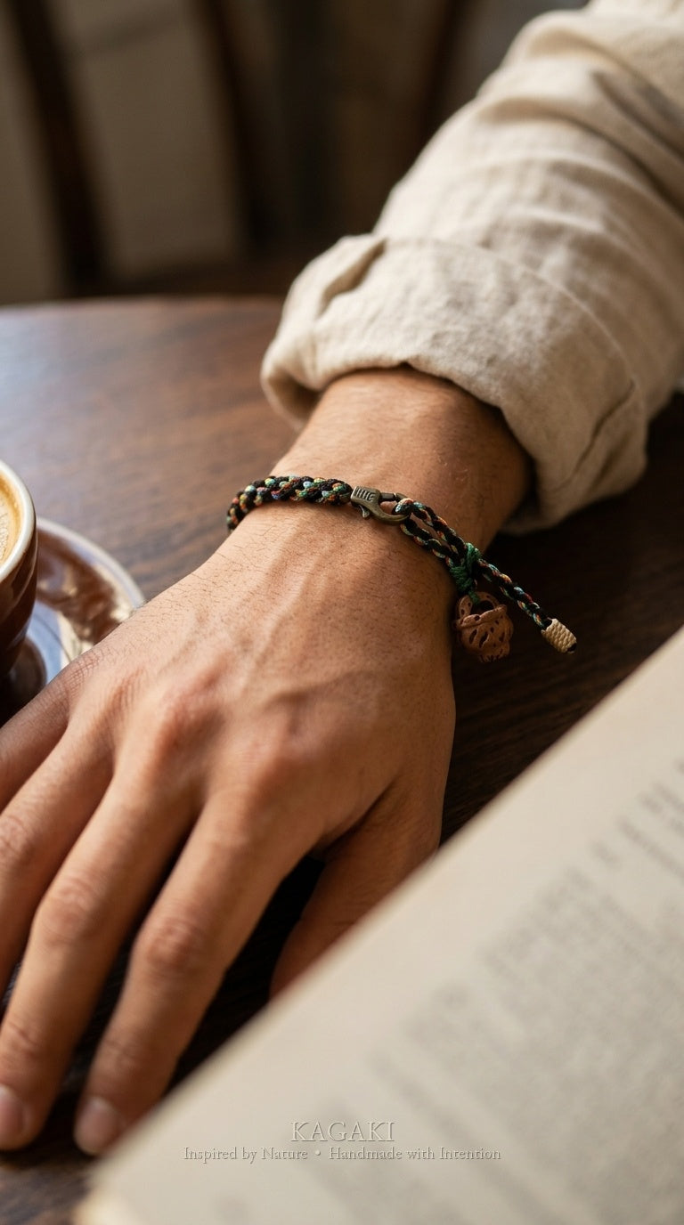 KAGAKI Coil carved wood bead double wrap bracelet, worn on wrist, handmade wrap bracelet