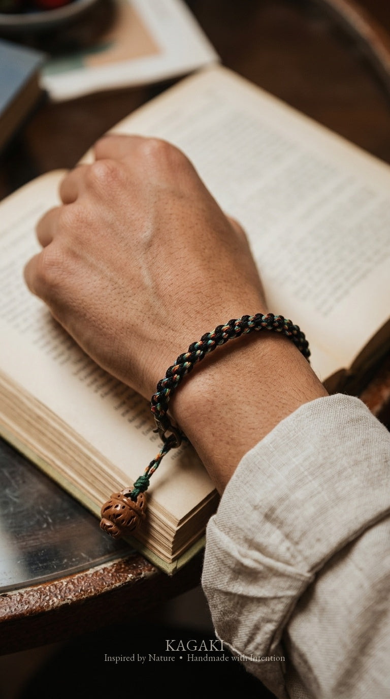 KAGAKI Coil carved wood bead double wrap bracelet, worn on wrist, handmade wrap bracelet