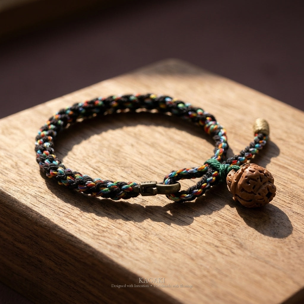 KAGAKI Coil carved wood bead double wrap bracelet, studio styled view, handmade wrap bracelet