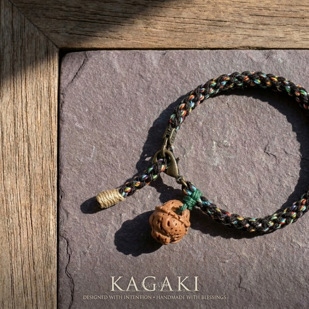 KAGAKI Coil carved wood bead double wrap bracelet, studio styled view, handmade wrap bracelet