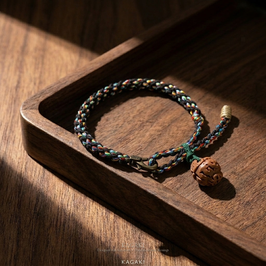 KAGAKI Coil carved wood bead double wrap bracelet, studio styled view, handmade wrap bracelet