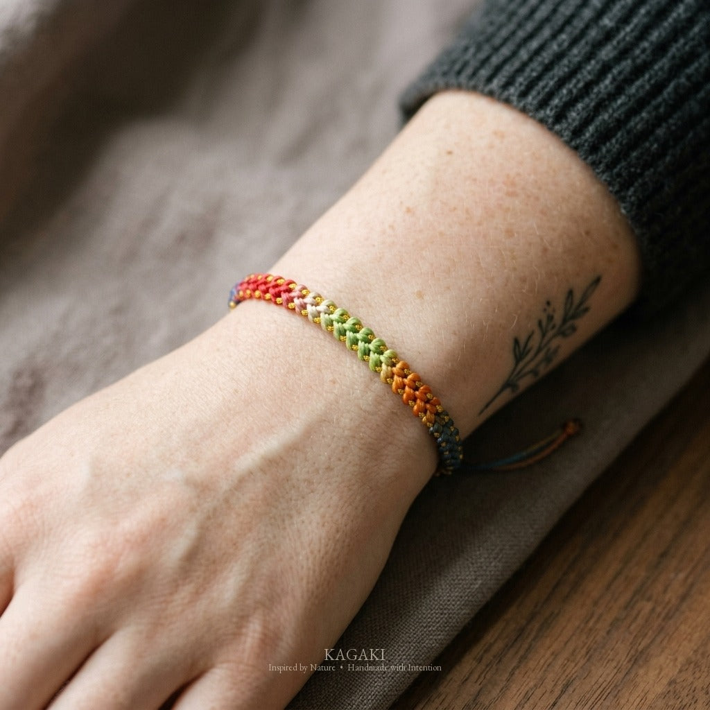 KAGAKI Iris rainbow gradient lucky cord, wrist view, lucky bracelet gift