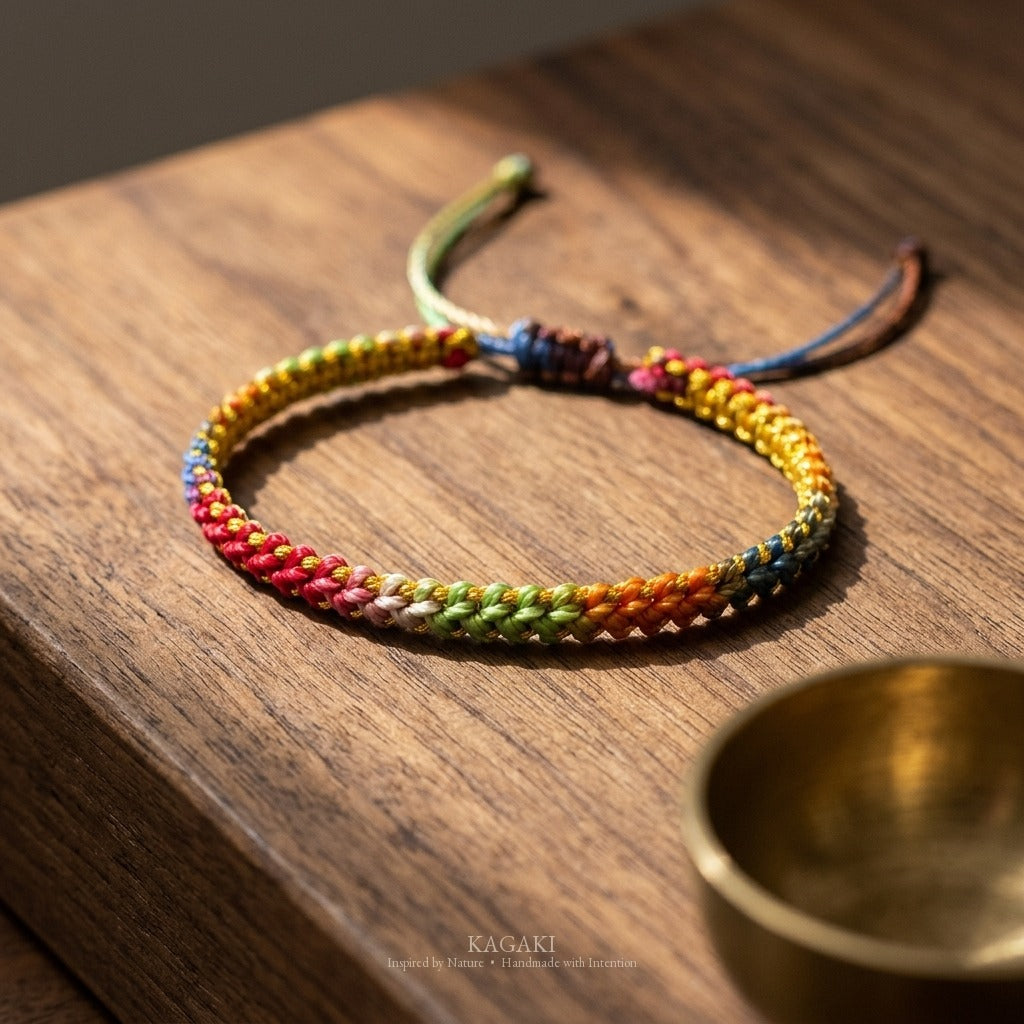 KAGAKI Iris rainbow gradient lucky cord, studio view, lucky bracelet gift