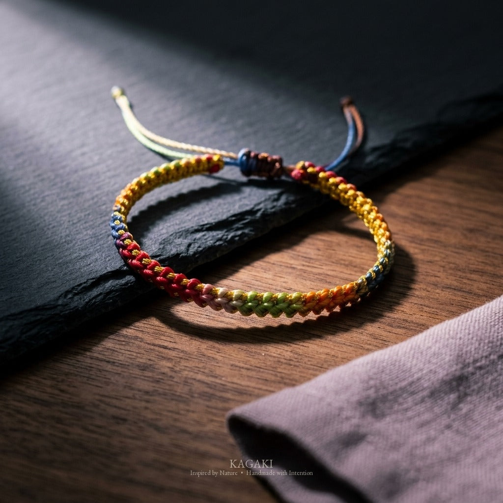 KAGAKI Iris rainbow gradient lucky cord, studio view, lucky bracelet gift
