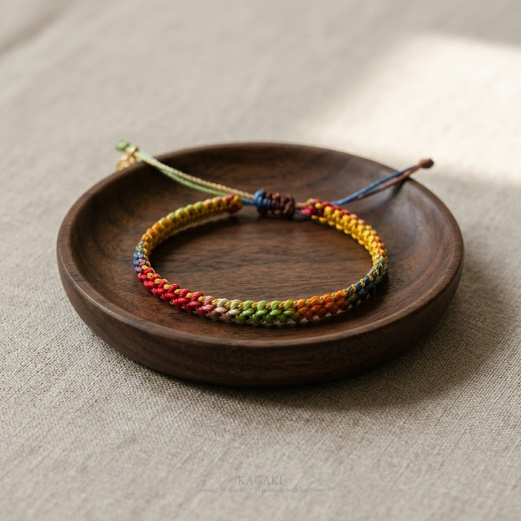 KAGAKI Iris rainbow gradient lucky cord, studio view, lucky bracelet gift