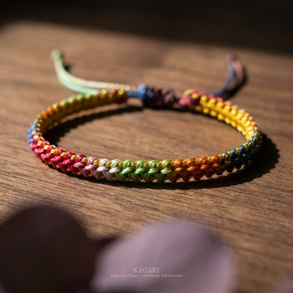 KAGAKI Iris rainbow gradient lucky cord, studio view, lucky bracelet gift