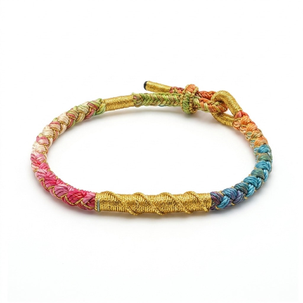 KAGAKI handmade cord bracelet rainbow gradient braided cord bracelet — full rainbow + gold thread, main catalog image on white.