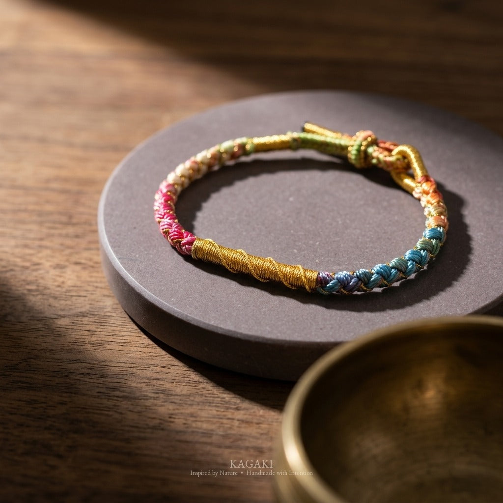 KAGAKI handmade cord bracelet rainbow gradient braided cord bracelet — full rainbow + gold thread, editorial styled scene.