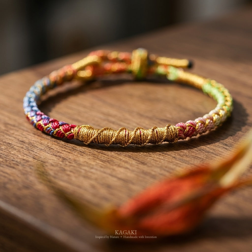 KAGAKI handmade cord bracelet rainbow gradient braided cord bracelet — full rainbow + gold thread, editorial styled scene.