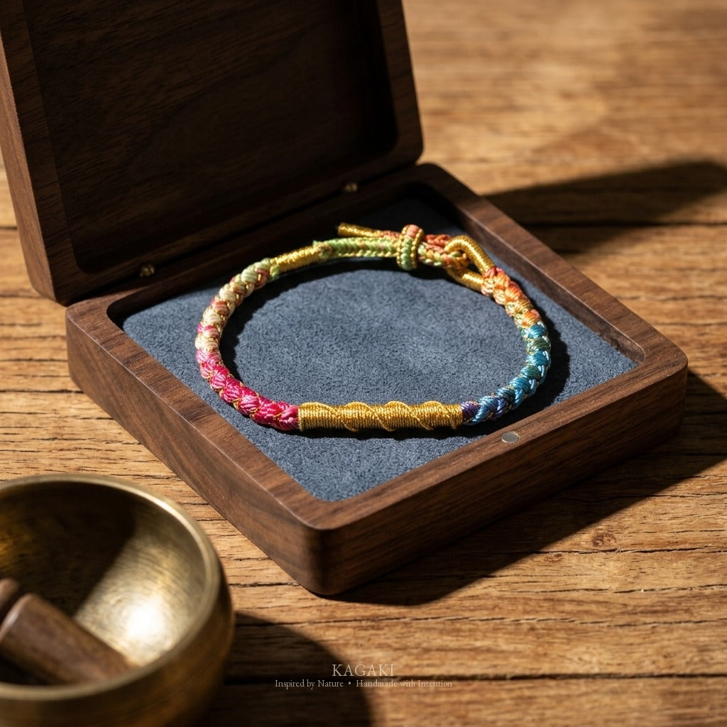 KAGAKI handmade cord bracelet rainbow gradient braided cord bracelet — full rainbow + gold thread, editorial styled scene.