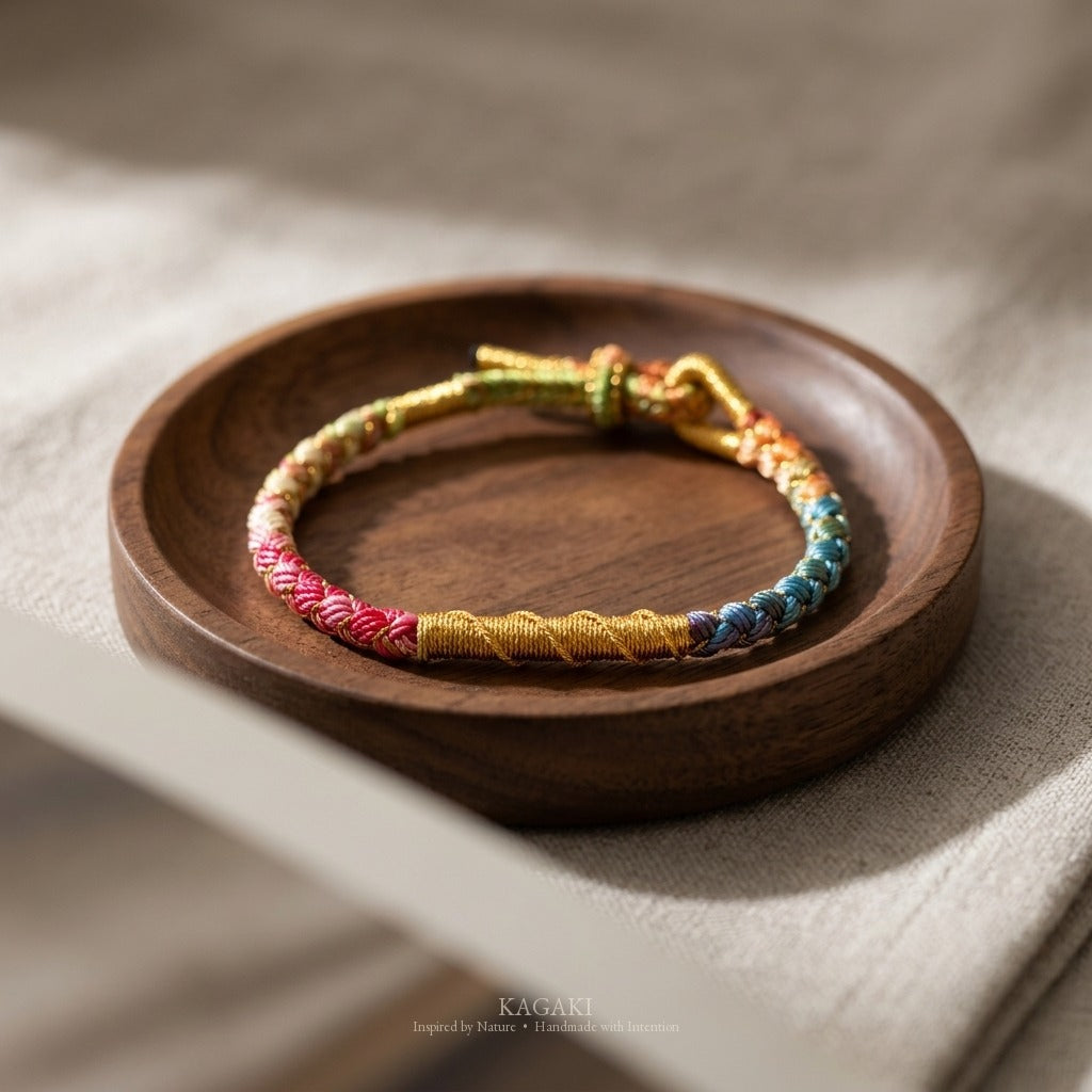 KAGAKI handmade cord bracelet rainbow gradient braided cord bracelet — full rainbow + gold thread, editorial styled scene.