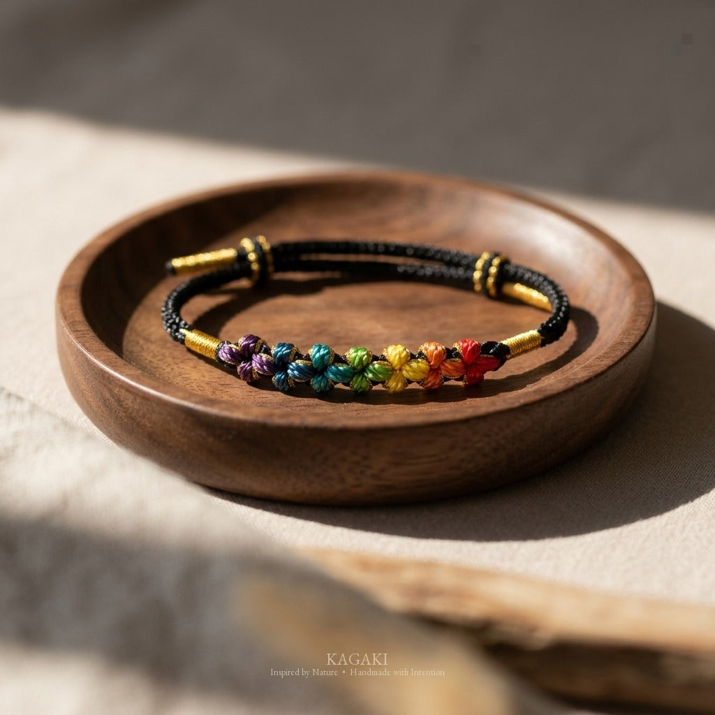 KAGAKI handmade cord bracelet rainbow sakura knot cord bracelet — black with rainbow knotted florals, editorial styled scene.