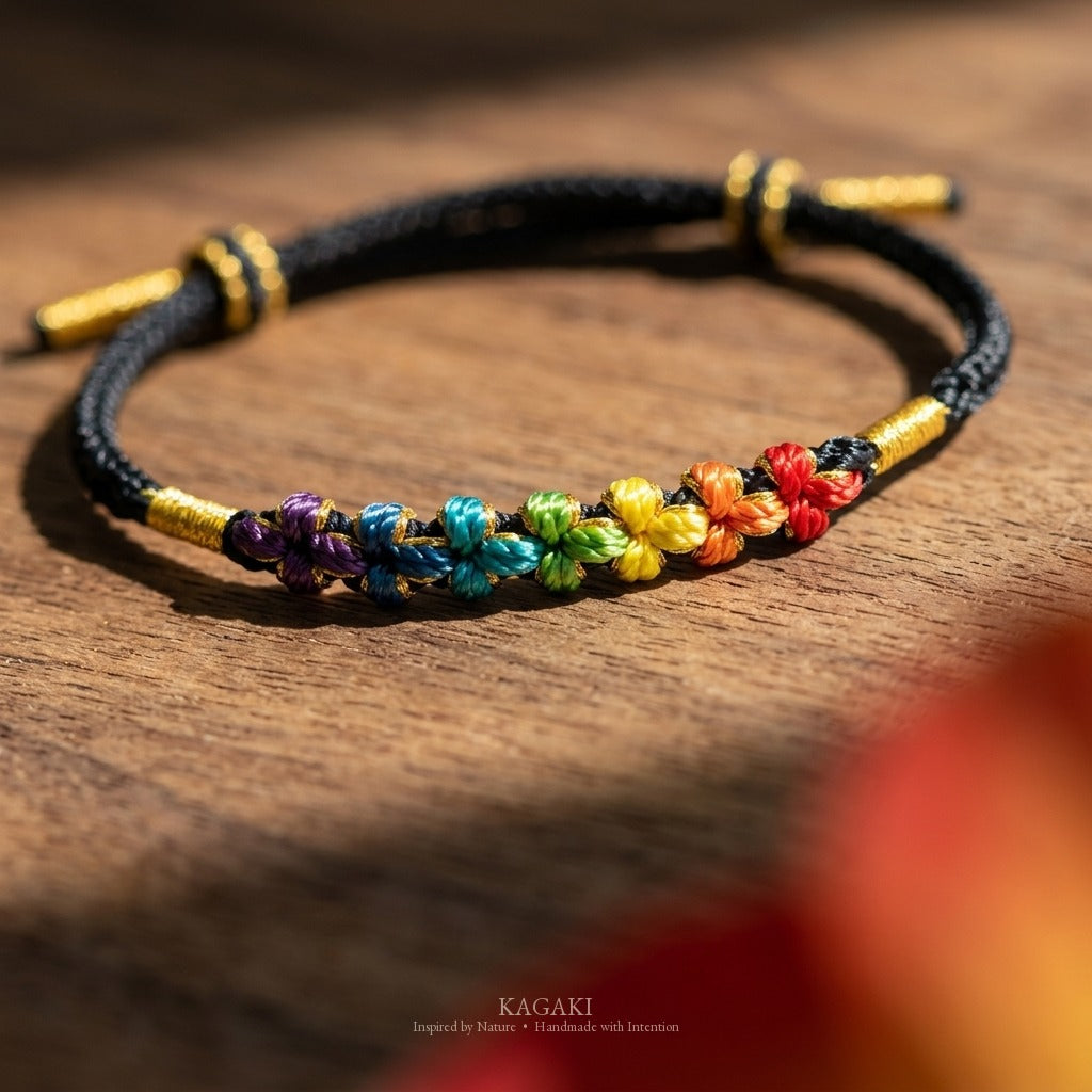 KAGAKI handmade cord bracelet rainbow sakura knot cord bracelet — black with rainbow knotted florals, editorial styled scene.