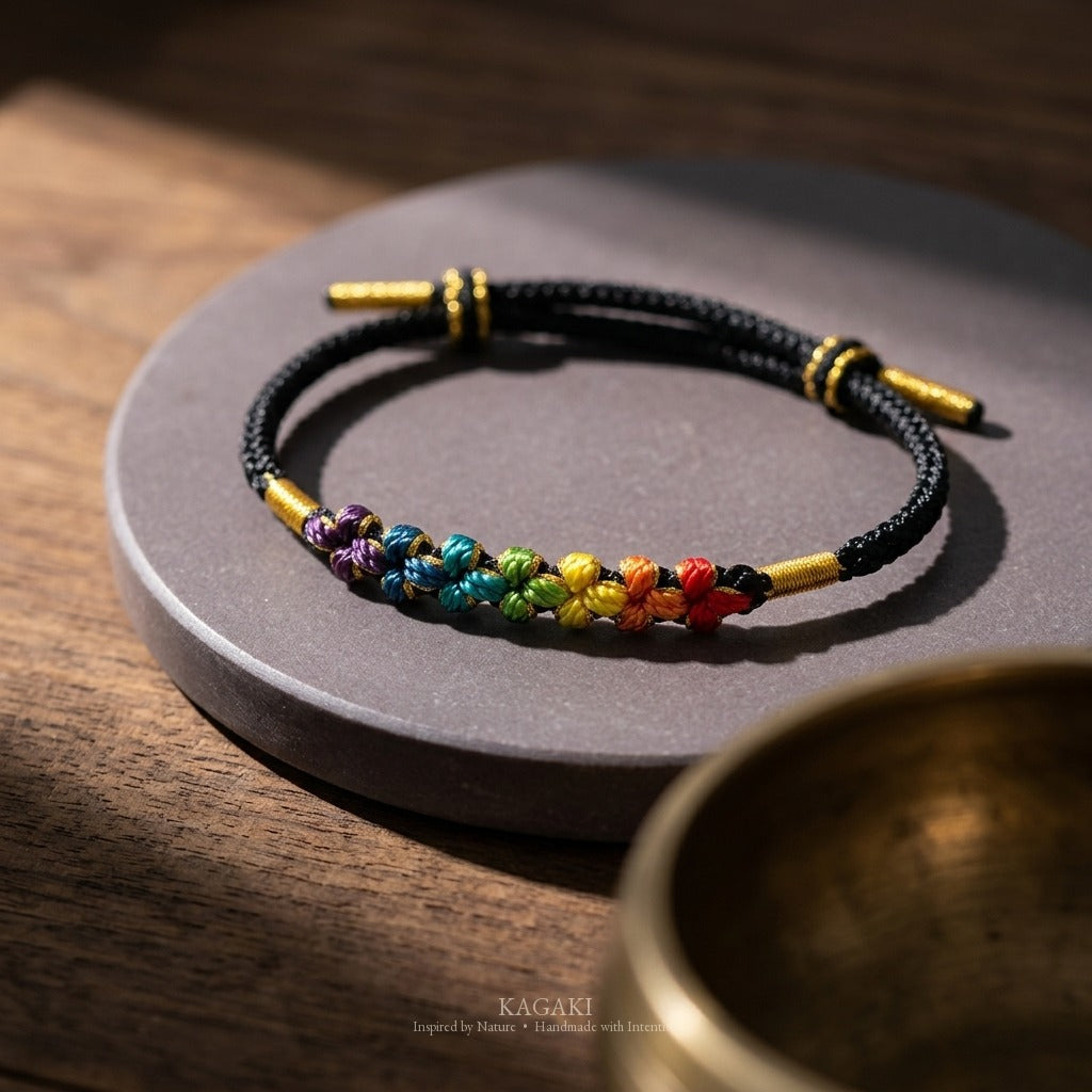 KAGAKI handmade cord bracelet rainbow sakura knot cord bracelet — black with rainbow knotted florals, editorial styled scene.