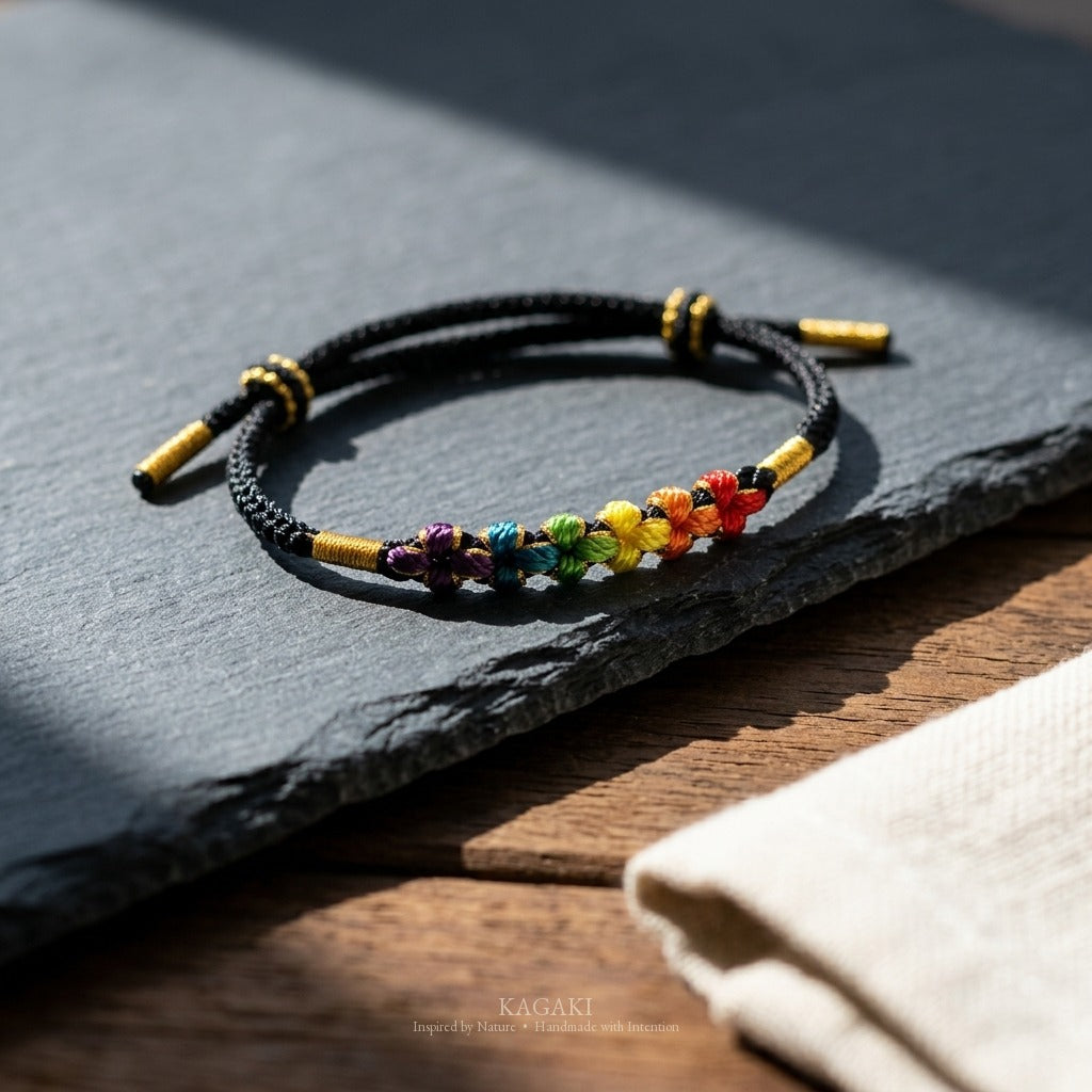KAGAKI handmade cord bracelet rainbow sakura knot cord bracelet — black with rainbow knotted florals, editorial styled scene.