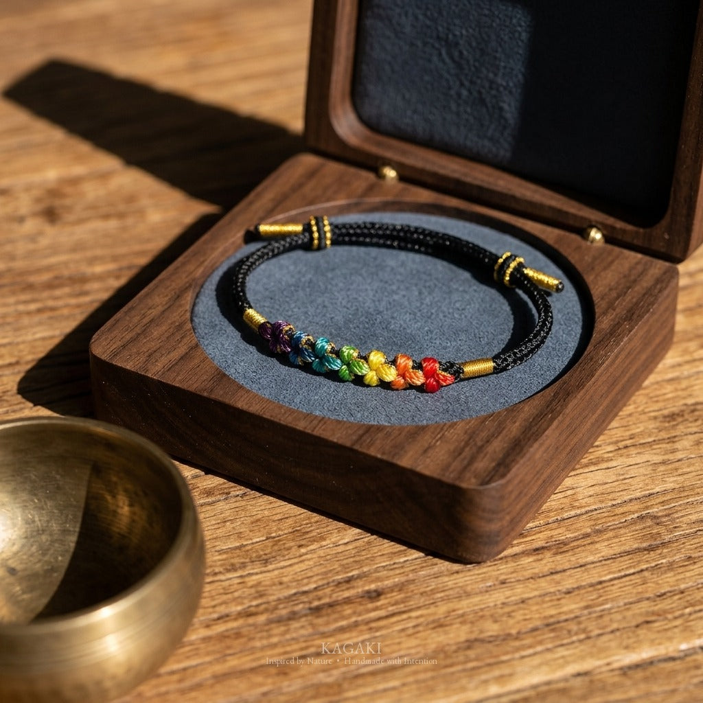 KAGAKI handmade cord bracelet rainbow sakura knot cord bracelet — black with rainbow knotted florals, editorial styled scene.