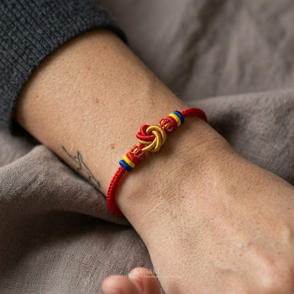KAGAKI handmade red string Tibetan-inspired prayer cord bracelet — Vow – 願 — on-wrist-lifestyle (6/7)