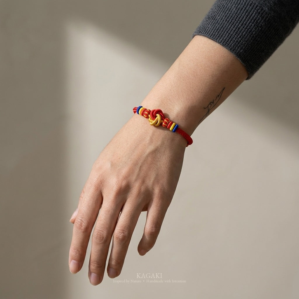 KAGAKI handmade red string Tibetan-inspired prayer cord bracelet — Vow – 願 — on-wrist-luxury (5/7)