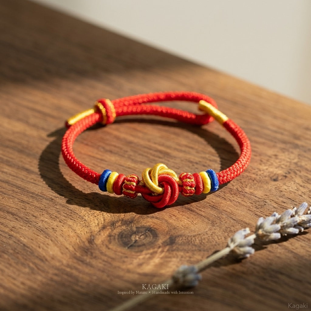 KAGAKI handmade red string Tibetan-inspired prayer cord bracelet — Vow – 願 — styled-scene (1/7)