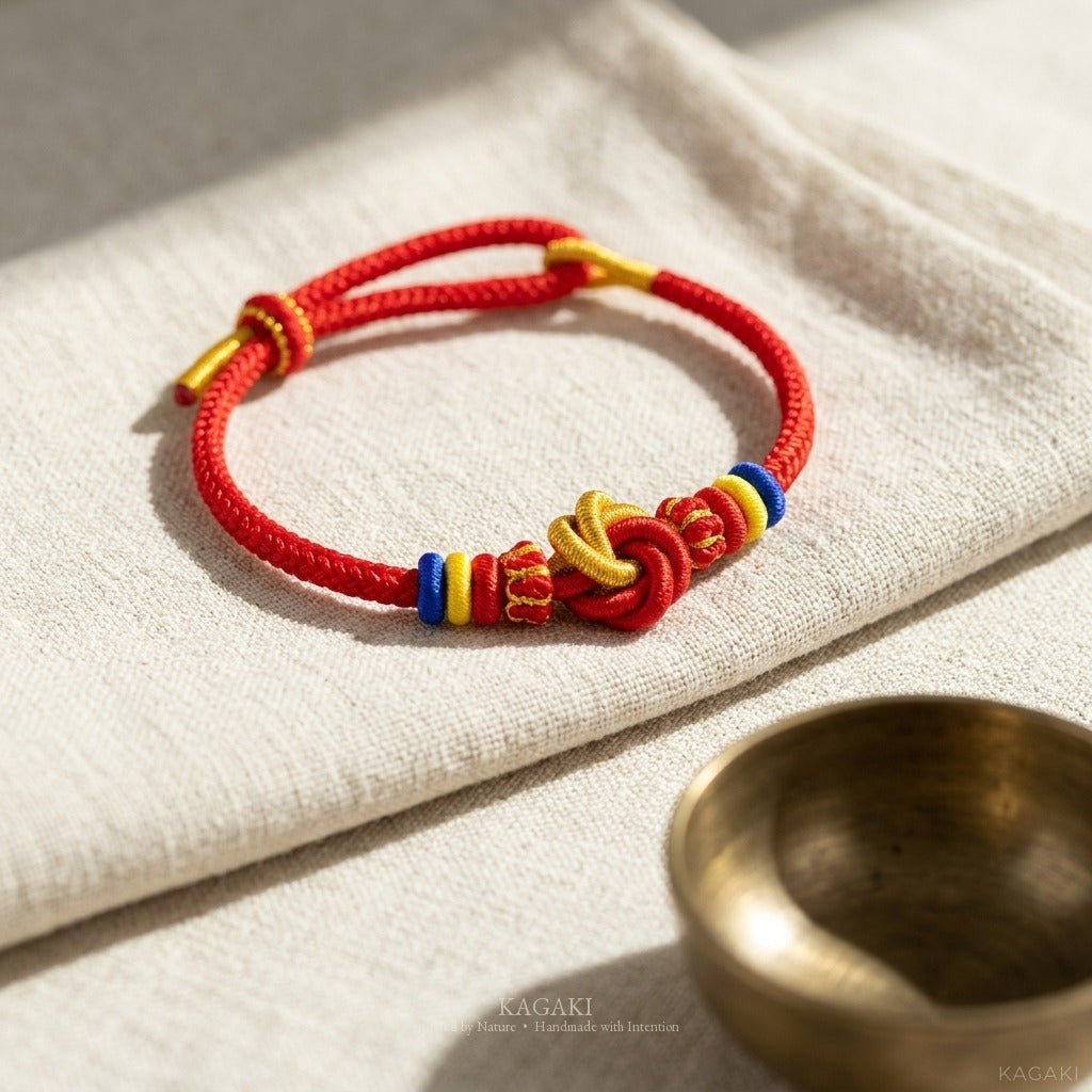 KAGAKI handmade red string Tibetan-inspired prayer cord bracelet — Vow – 願 — styled-scene (2/7)