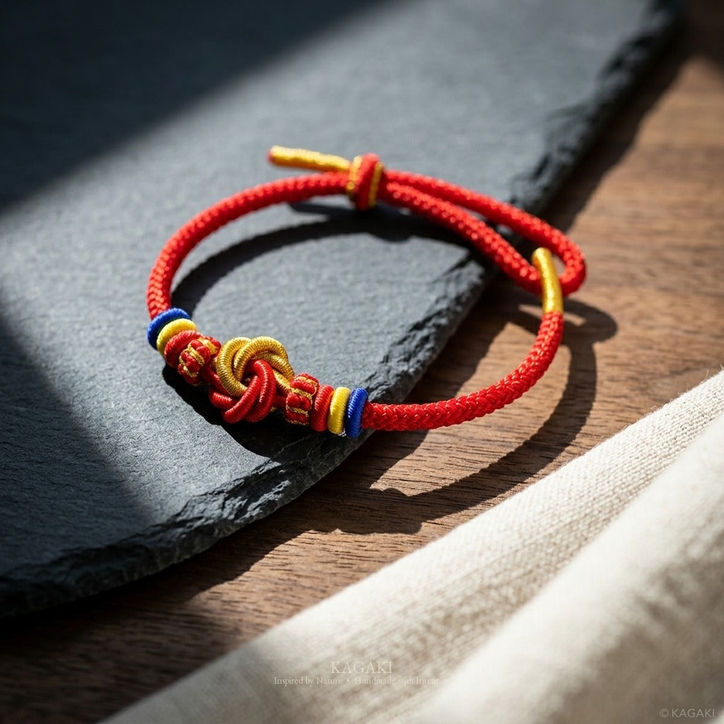 KAGAKI handmade red string Tibetan-inspired prayer cord bracelet — Vow – 願 — styled-scene (3/7)