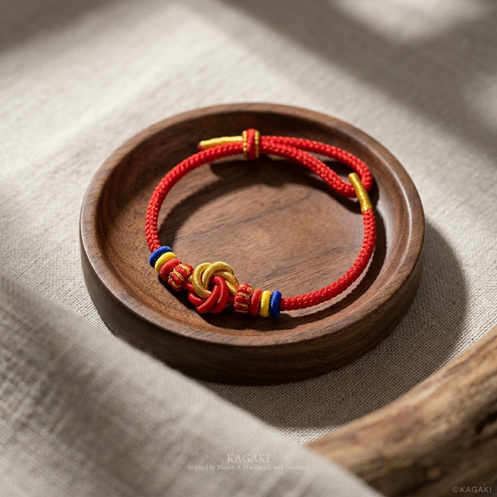 KAGAKI handmade red string Tibetan-inspired prayer cord bracelet — Vow – 願 — styled-scene (4/7)