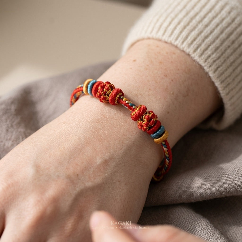 KAGAKI handmade Tibetan-inspired relationship blessing cord bracelet — Promise – 約 — on-wrist-lifestyle (6/7)