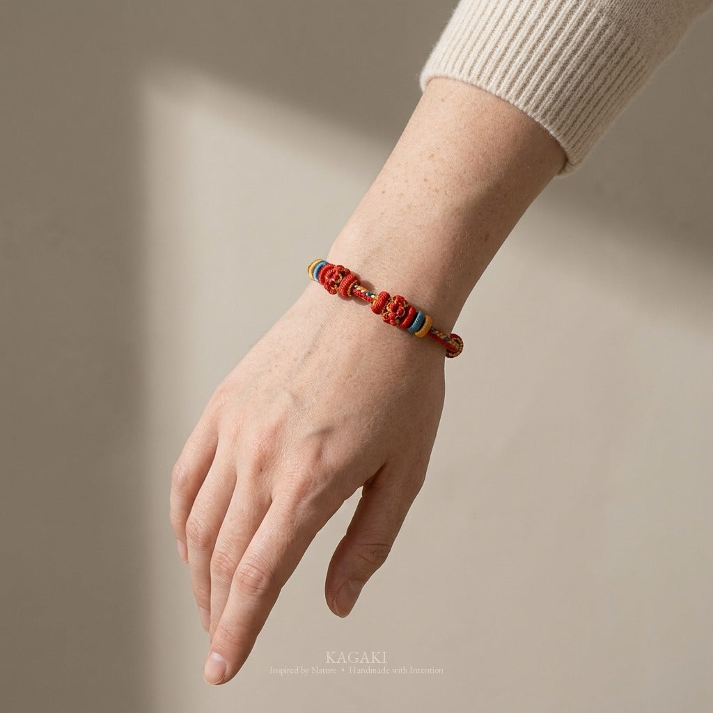 KAGAKI handmade Tibetan-inspired relationship blessing cord bracelet — Promise – 約 — on-wrist-luxury (5/7)