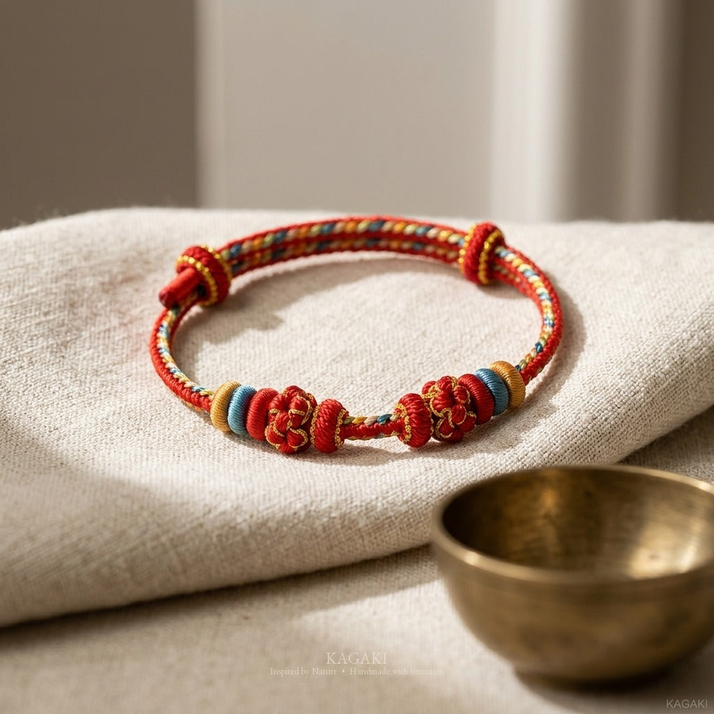 KAGAKI handmade Tibetan-inspired relationship blessing cord bracelet — Promise – 約 — styled-scene (1/7)