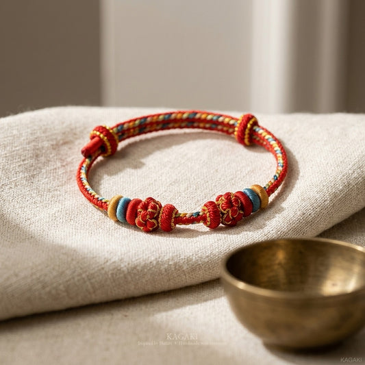 KAGAKI handmade Tibetan-inspired relationship blessing cord bracelet — Promise – 約 — styled-scene (1/7)