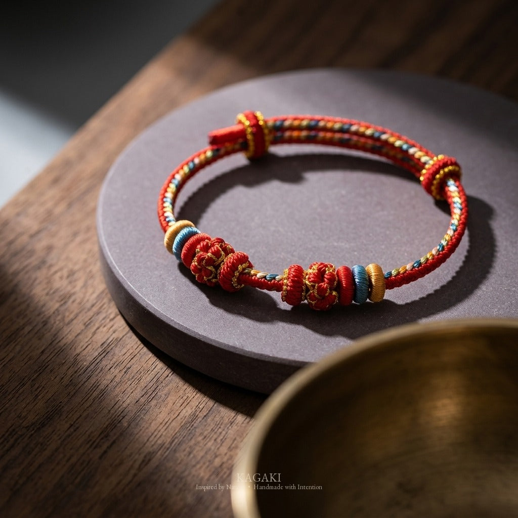 KAGAKI handmade Tibetan-inspired relationship blessing cord bracelet — Promise – 約 — styled-scene (2/7)