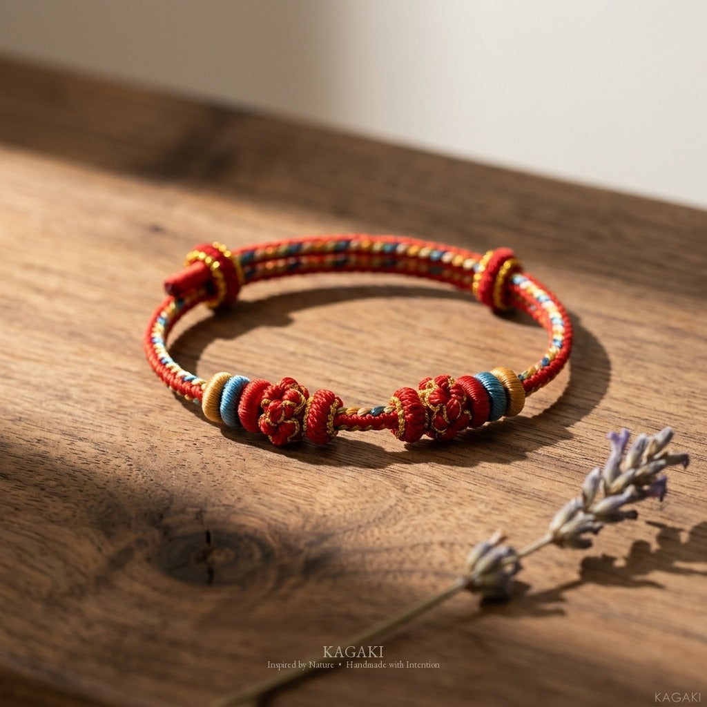 KAGAKI handmade Tibetan-inspired relationship blessing cord bracelet — Promise – 約 — styled-scene (3/7)