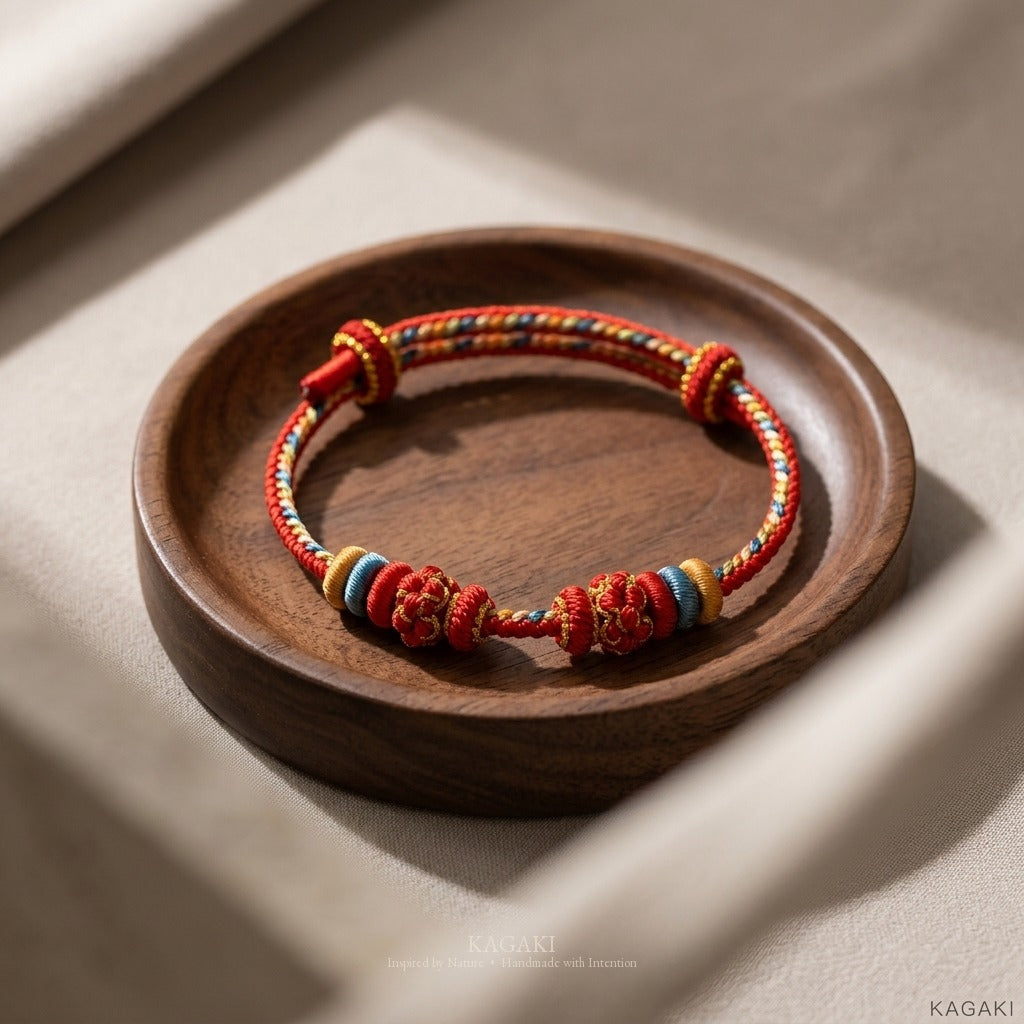 KAGAKI handmade Tibetan-inspired relationship blessing cord bracelet — Promise – 約 — styled-scene (4/7)