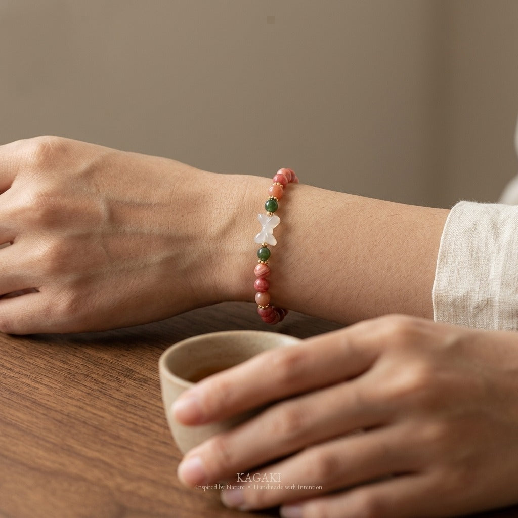 KAGAKI handmade crystal bracelet pink stone beaded bow stretch bracelet — pink + white + gold, wrist wearing image.